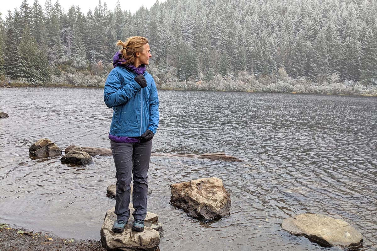 Wearing the Patagonia Storm10 hardshell and DAS Light Hoody synthetic insulated jacket (beside lake)